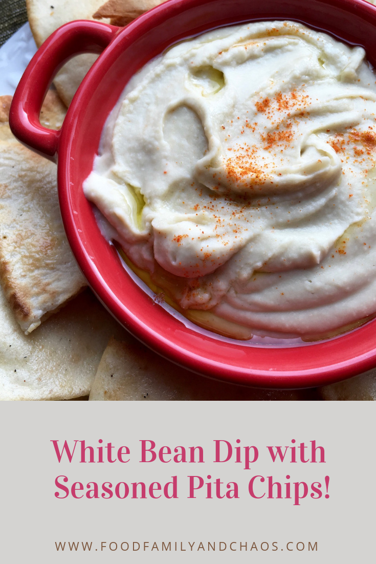 white bean dip with seasoned pita chips